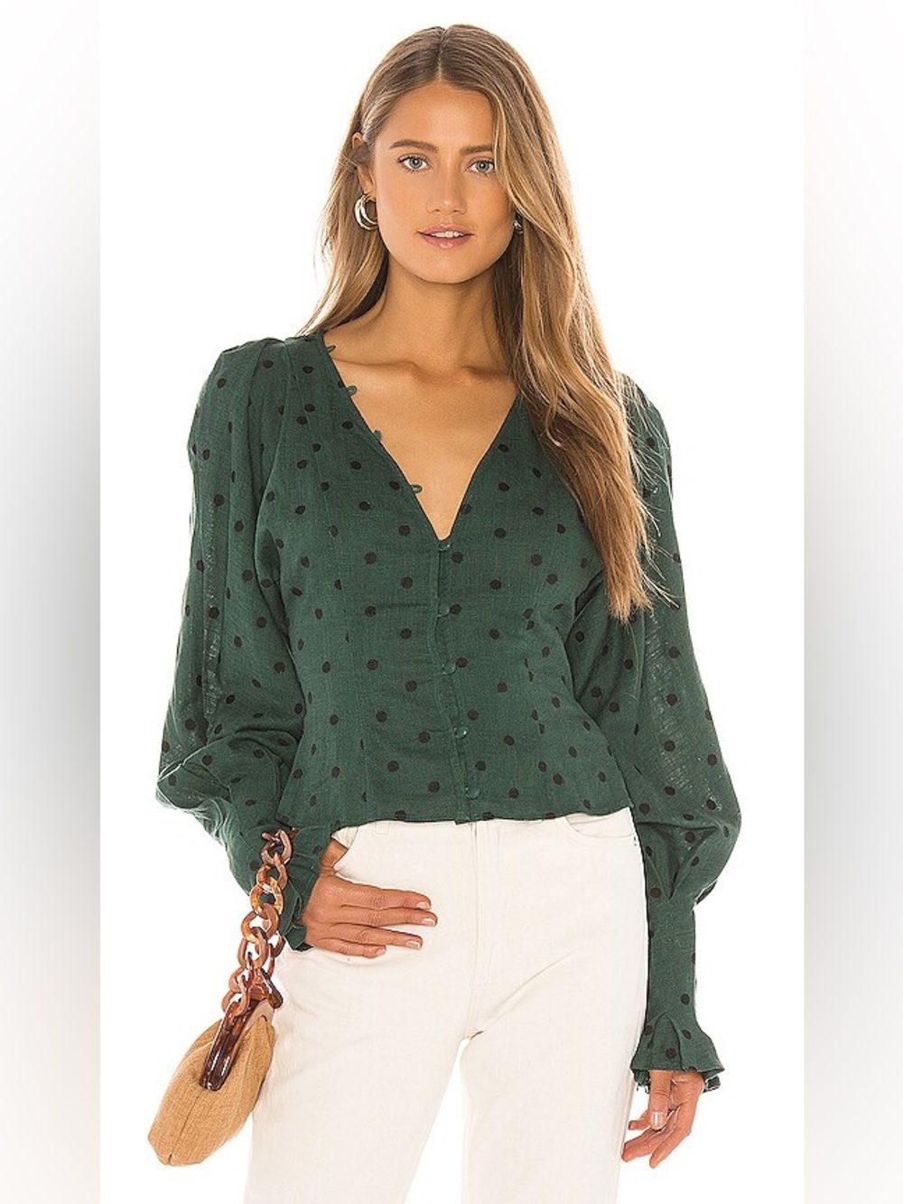 Tularosa Forest Green Polka Dot V-Neck Blouse